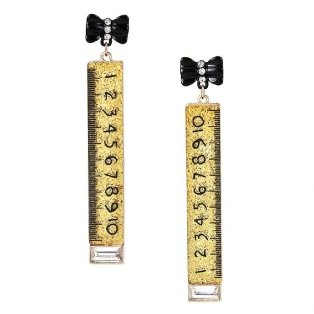 Betsey Johnson Gold Glitter Rulers with Black Bows Earrings
